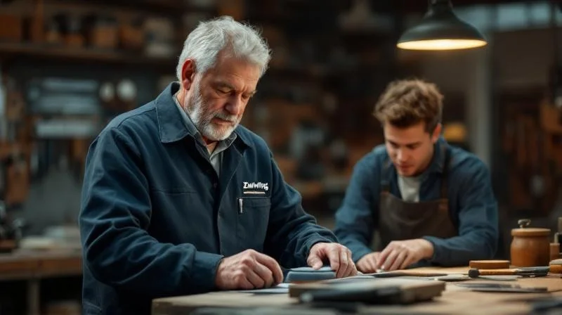 Ausbilder bei Zwilling Solingen unterweist Auszubildende in der Schneidwarenproduktion