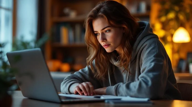 Frau lernt abends am Laptop fuer ihre IHK-Fortbildung in Solingen