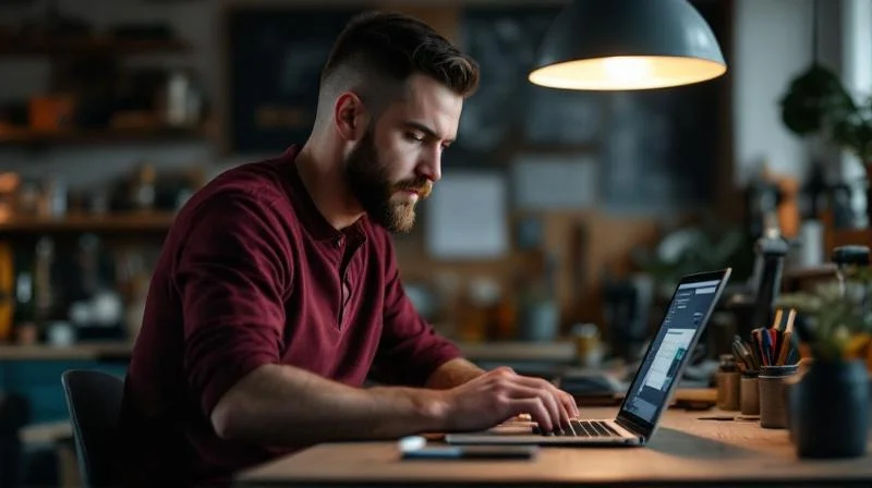 Quereinsteiger in Solingen arbeitet im Homeoffice an KI-Workflows für die regionale Schneidwarenindustrie