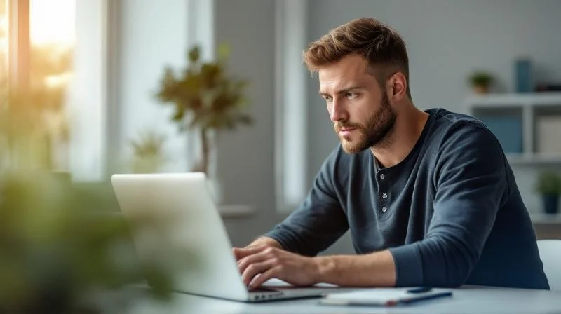 Mann in Solingen lernt am Schreibtisch fuer seine berufliche Neuorientierung