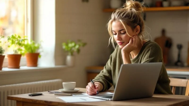 Frau lernt konzentriert am Laptop in einem hellen Wohnzimmer in Solingen