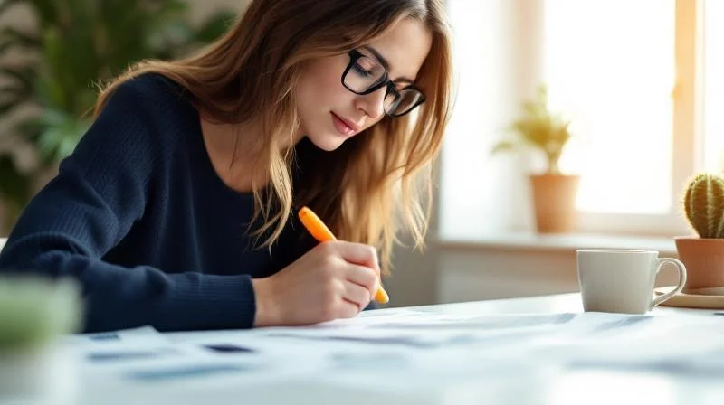 Frau mit Unterlagen am Schreibtisch in Solingen bereitet sich auf die IHK-Prüfung vor